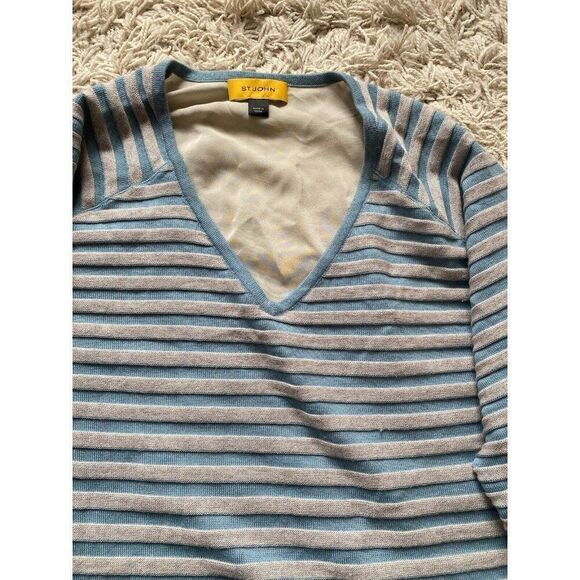 St. John Sweater Top Wool Silk Striped XL Grey Blue Blouse St Pullover - Picture 4 of 10